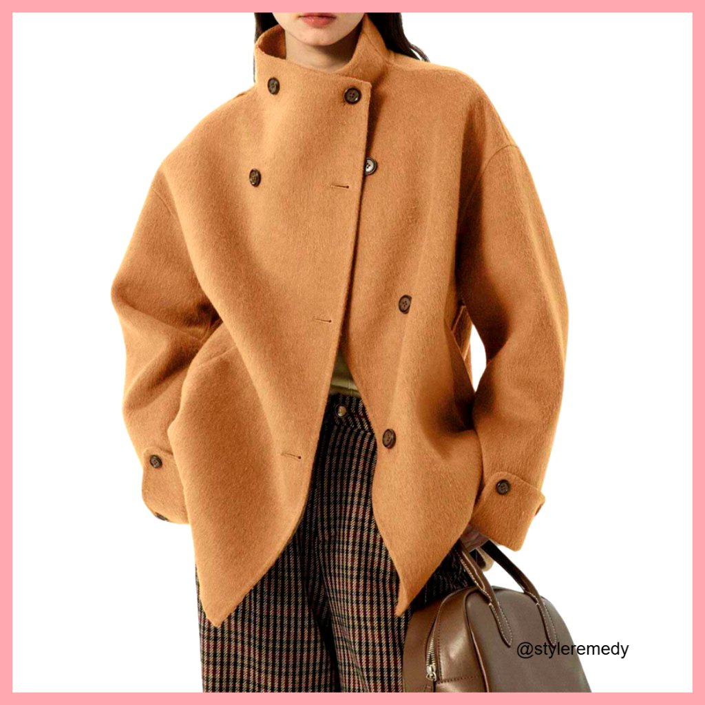Wool Blend Trench Coat Loose Fit Long Sleeve Button Down Collar